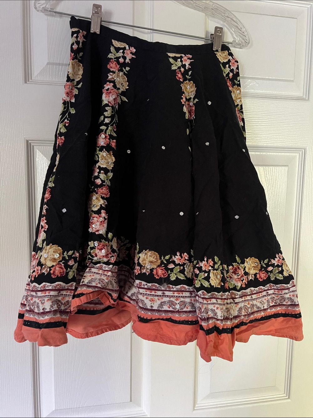 Angie Black Floral Border Skirt with Coral Hem